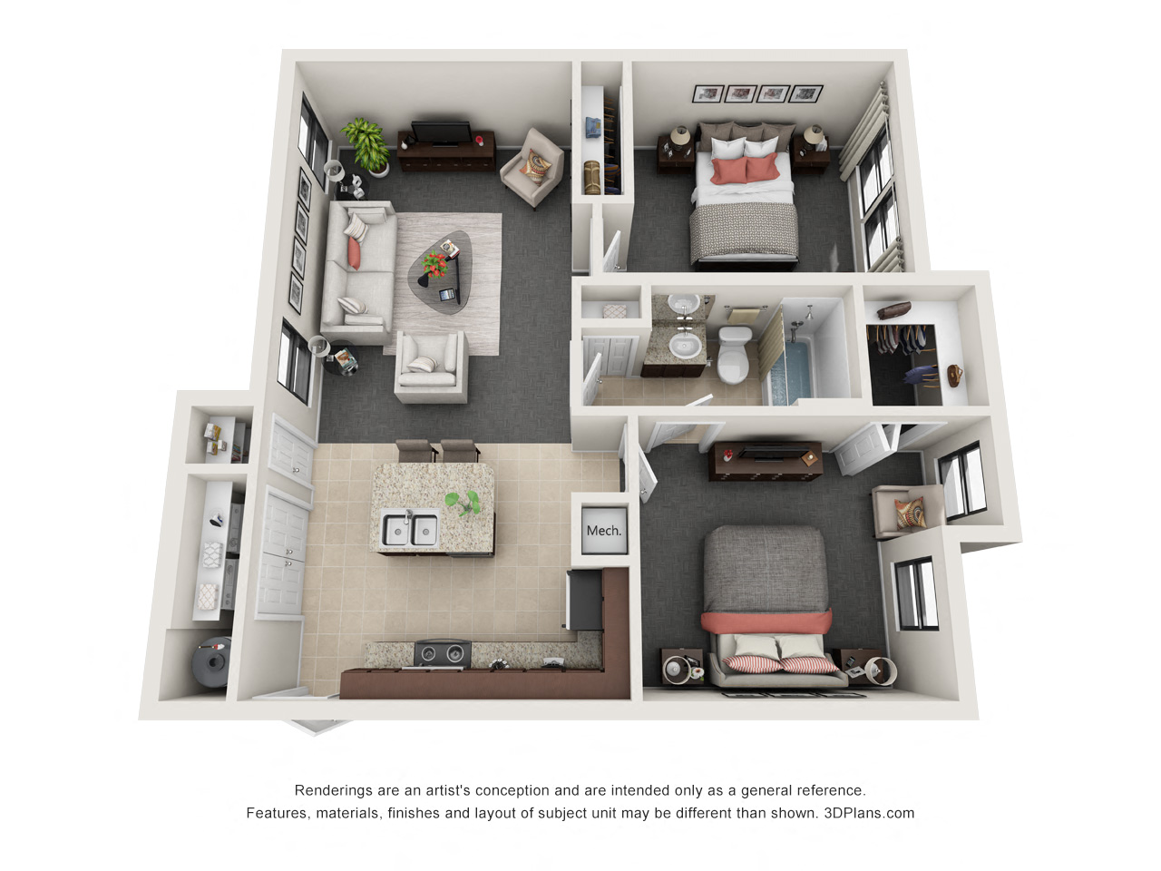 Floor plan for 2 beds, 1 bath, 790 sqft
